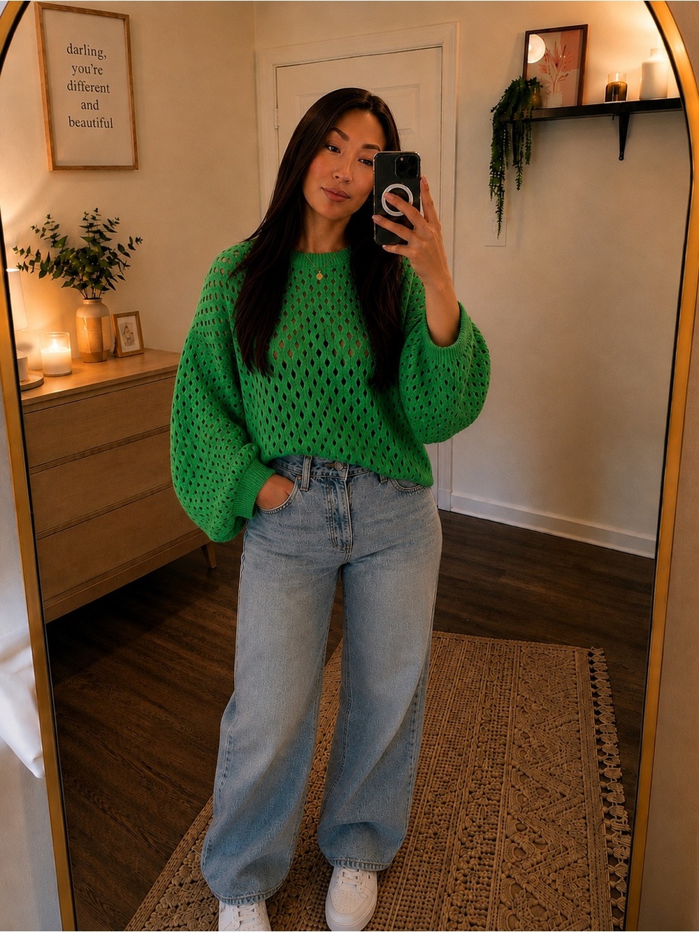 H&M Vibrant Green Open-Knit Balloon-Sleeve Sweater